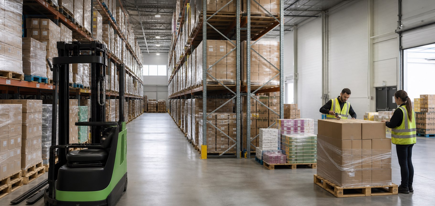 Organised B2B warehouse with pallet racking, FMCG cartons and export pallet preparation