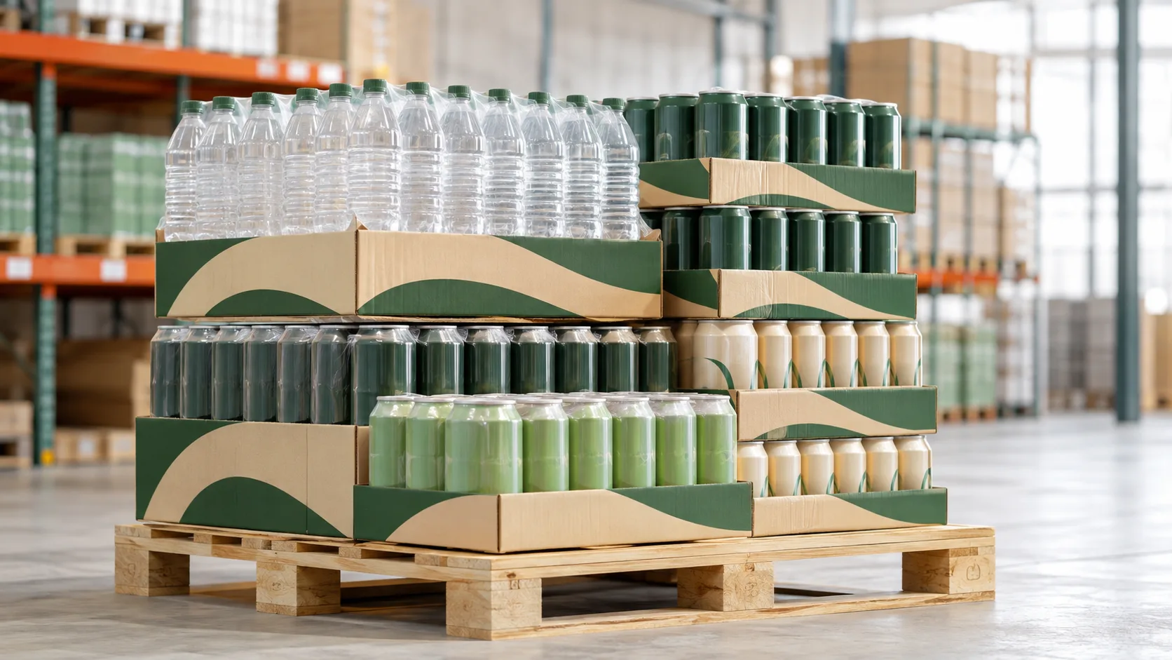 Wholesale beverages in bottles and cans with export cartons on a pallet