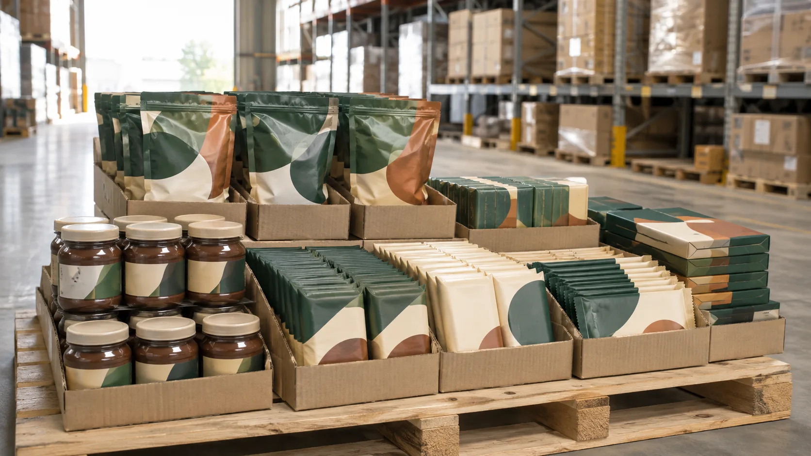 Wholesale confectionery with wrapped chocolate and spread jars in protective cartons